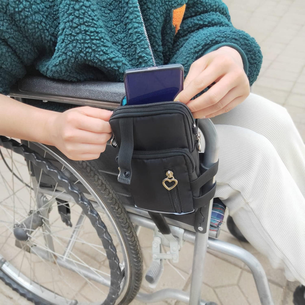 Waterproof Three Pockets Wheelchair Front/Side Frame Pouch with Reflective Strip Easy-to-use Button for Small