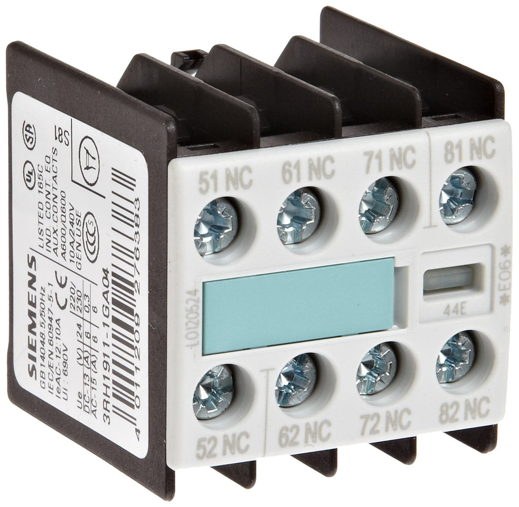 Siemens 3RH19 11-1GA04 Control Relay, Size S00, Snap On Auxiliary Switch Blocks, Screw Connection, 44 E Identification Number, 4 NC Contacts