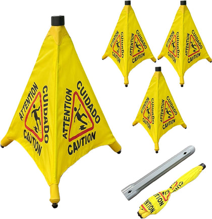 Wet Floor Signs - 4PCS Pop UP Bilingual Yellow Cones Wet Floor Sign with Wall Mounted Storage Tube Foldable, Slip