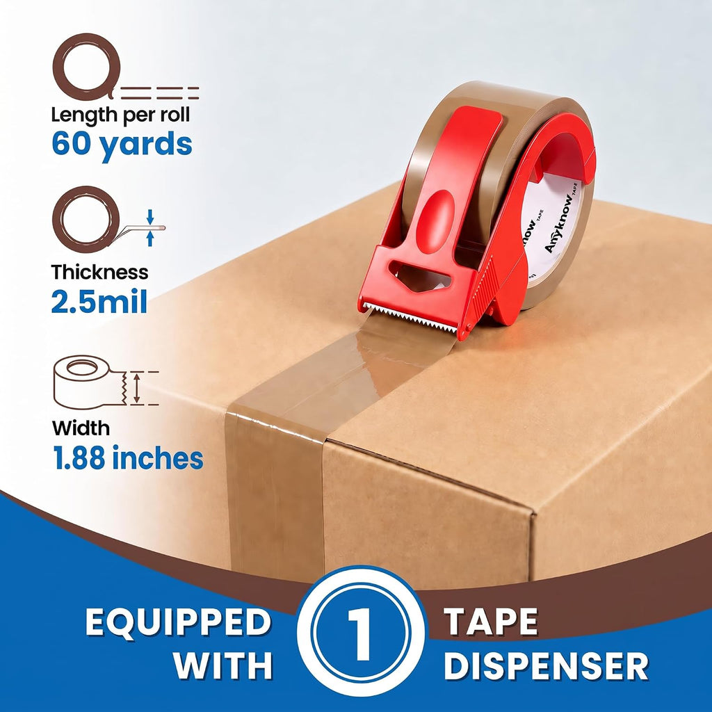 Heavy Duty Brown Packing Tape with Dispenser 1.88 In x 60 Yds 6 Rolls | Strong Adhesive Packaging Tape, Shipping Tape