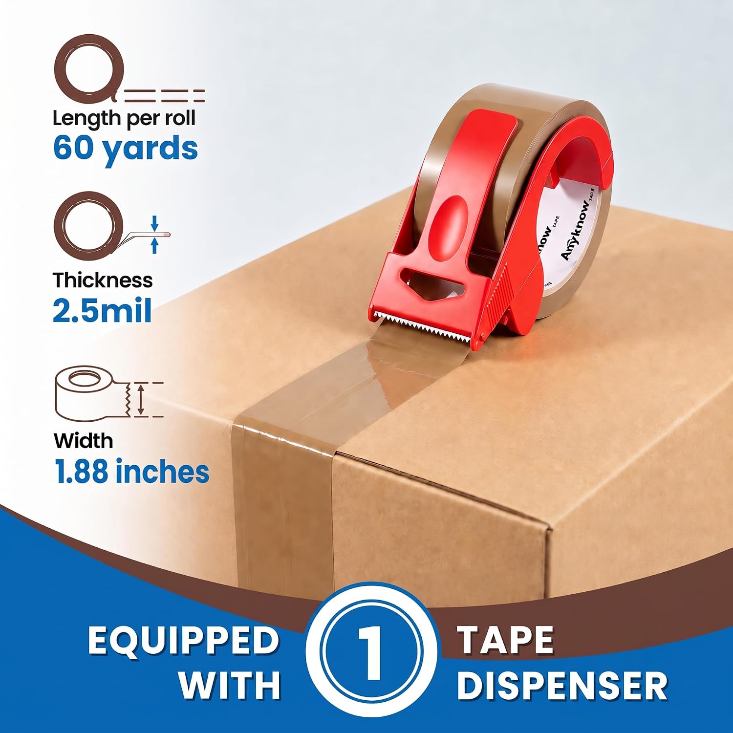 Heavy Duty Brown Packing Tape with Dispenser 1.88 In x 60 Yds 6 Rolls | Strong Adhesive Packaging Tape, Shipping Tape