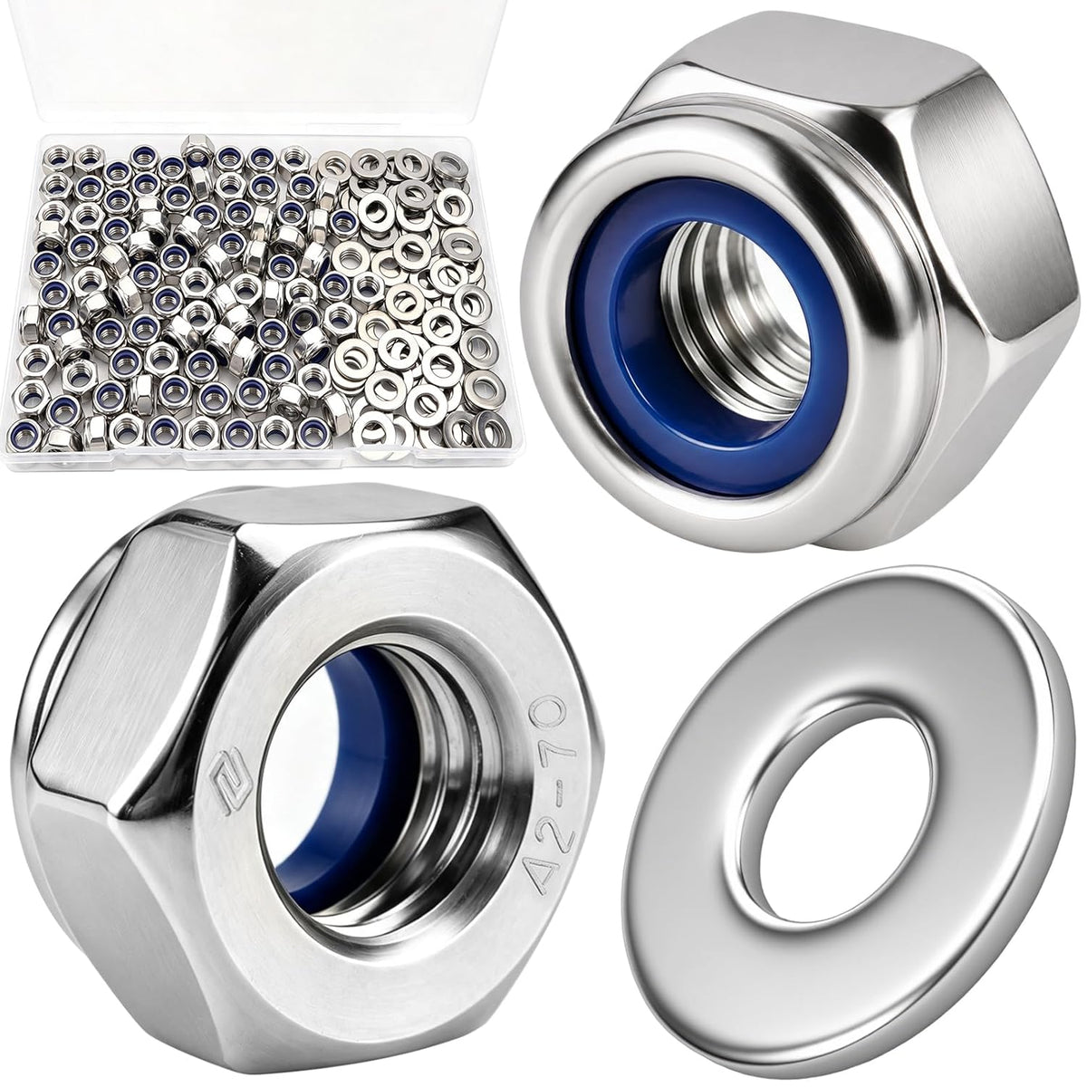 M8-1.25 Lock Nut 190Pcs Stainless Steel Nylock Locking nut with Washer