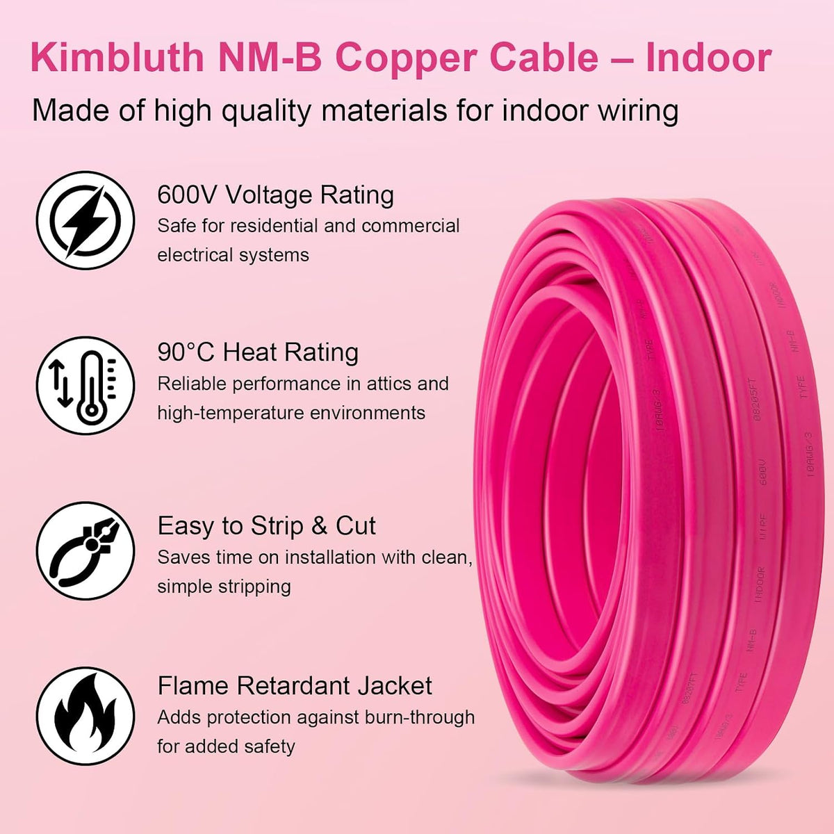 10/3 NM-B with Ground, Solid Indoor Electrical Wire, 25 FT, Pink