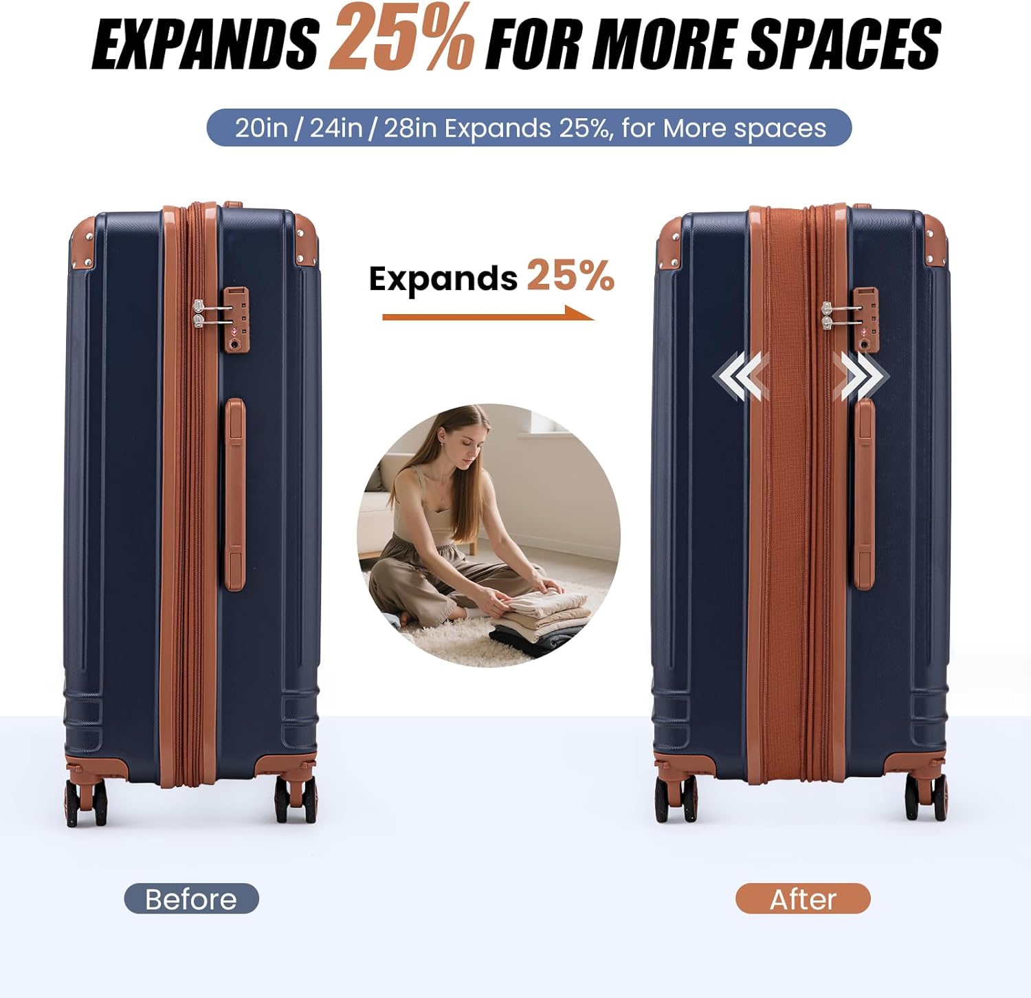 Expandable 5 Piece Luggage Sets with Detachable Spinner Wheels and TSA Lock, Unisex Hardside ABS Suitcase Set