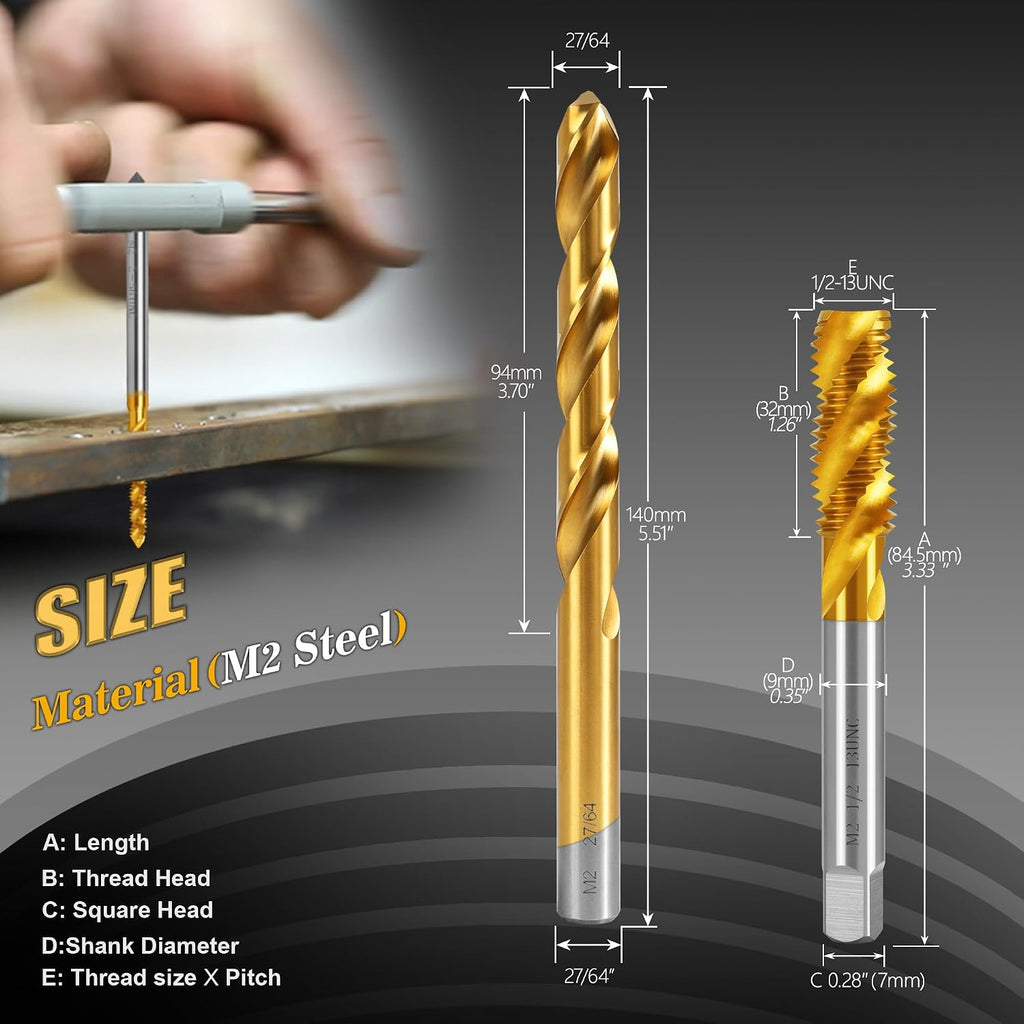 1/2"-13 UNC Spiral Flute Thread Tap and 27/64" Drill Bit Set for Metal