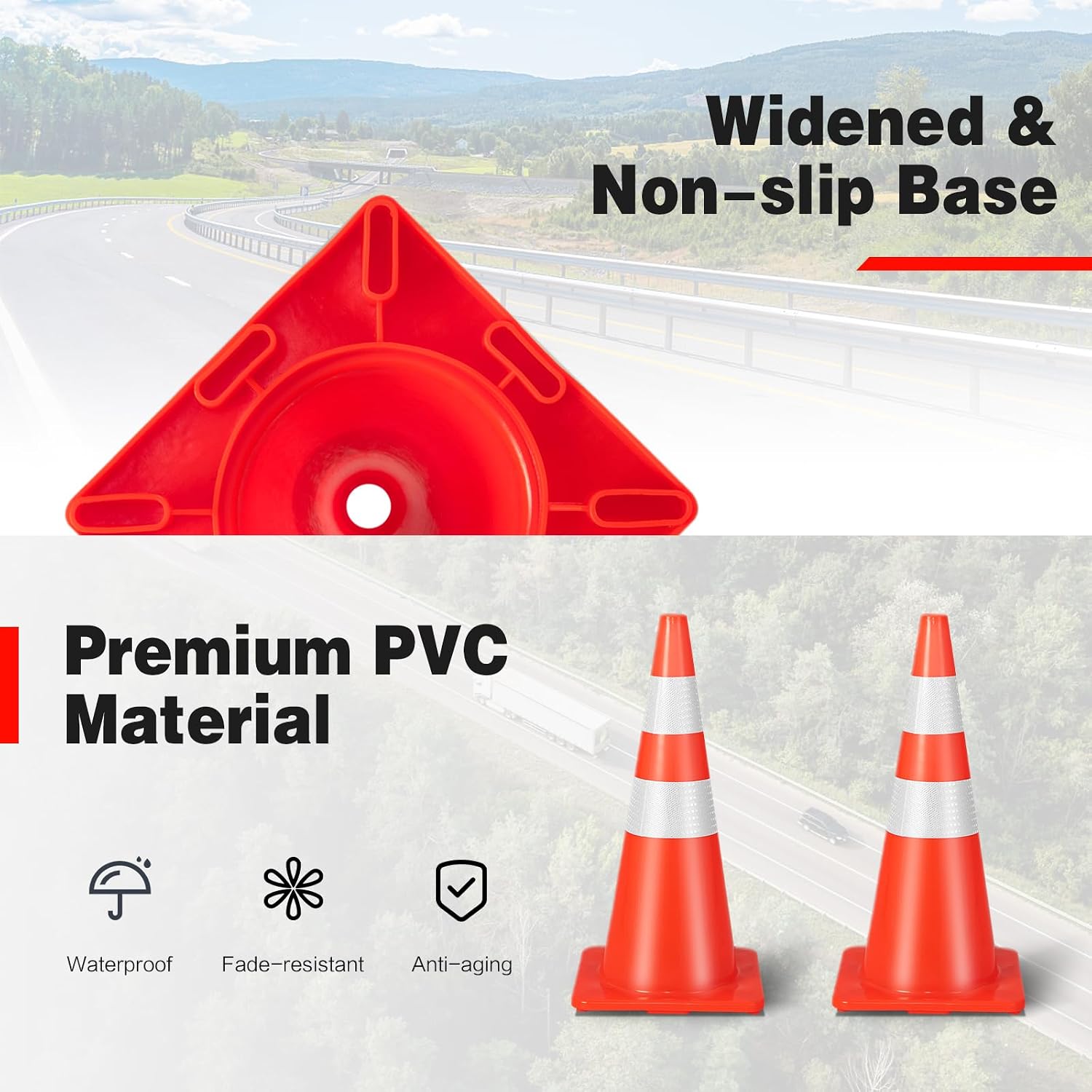 6 Pack PVC Traffic Cones, 28 Inch Traffic Road Parking Cones w/Reflective Collar & Weighted Base, Orange Robust