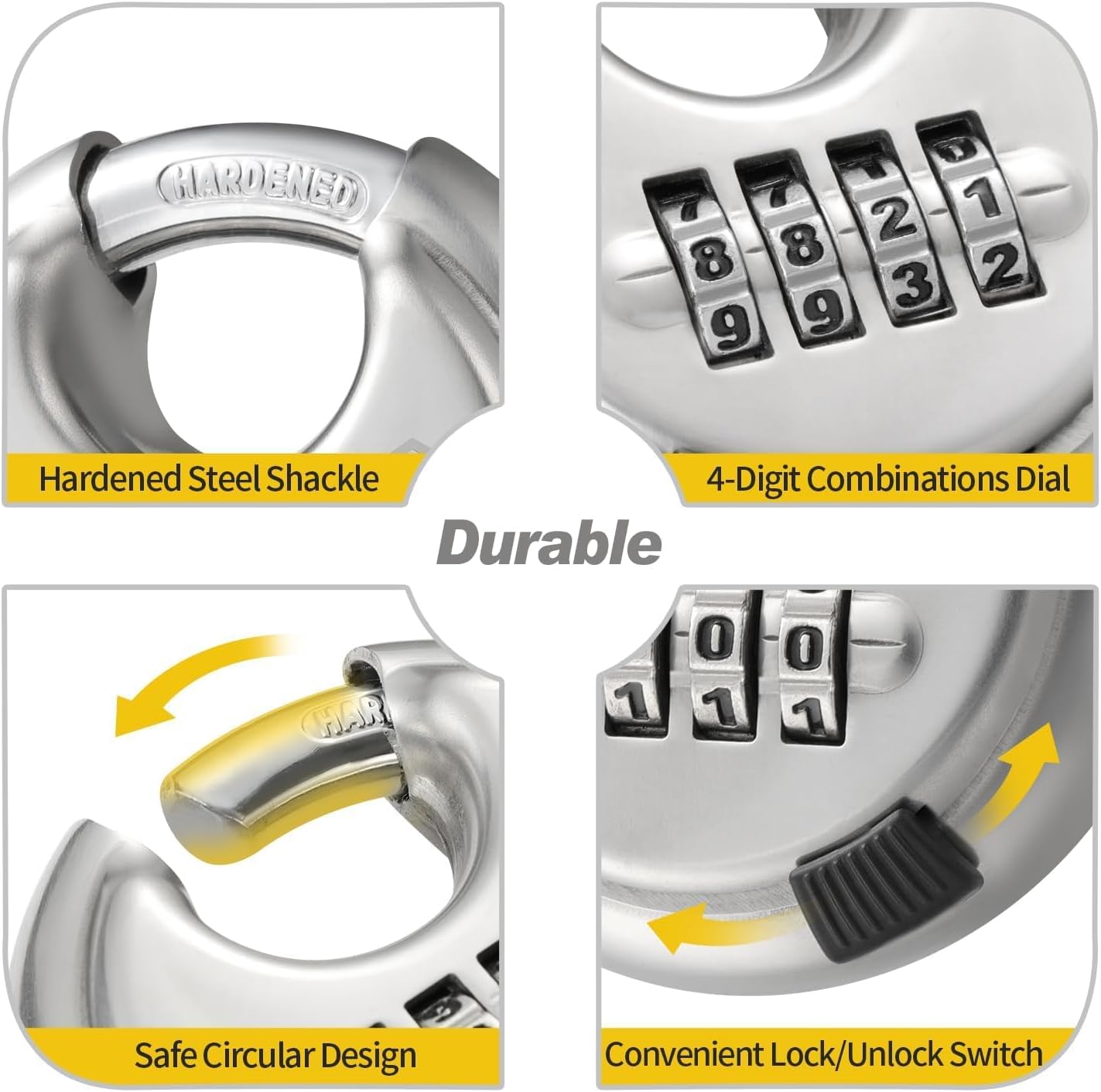 Combination Lock, 4 Digit Disc Padlock with 3/8 Inch Hardened Steel Shackle, 2-3/4 Inch Wide Body, Keyless Heavy Duty