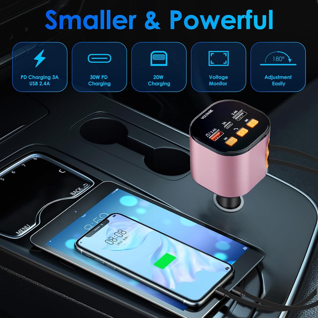 Retractable Car Charger,5 in 1 Fast Car Phone Charger 90W,Bluetooth 5.3 FM Transmitter Adapter,Handsfree Call,2