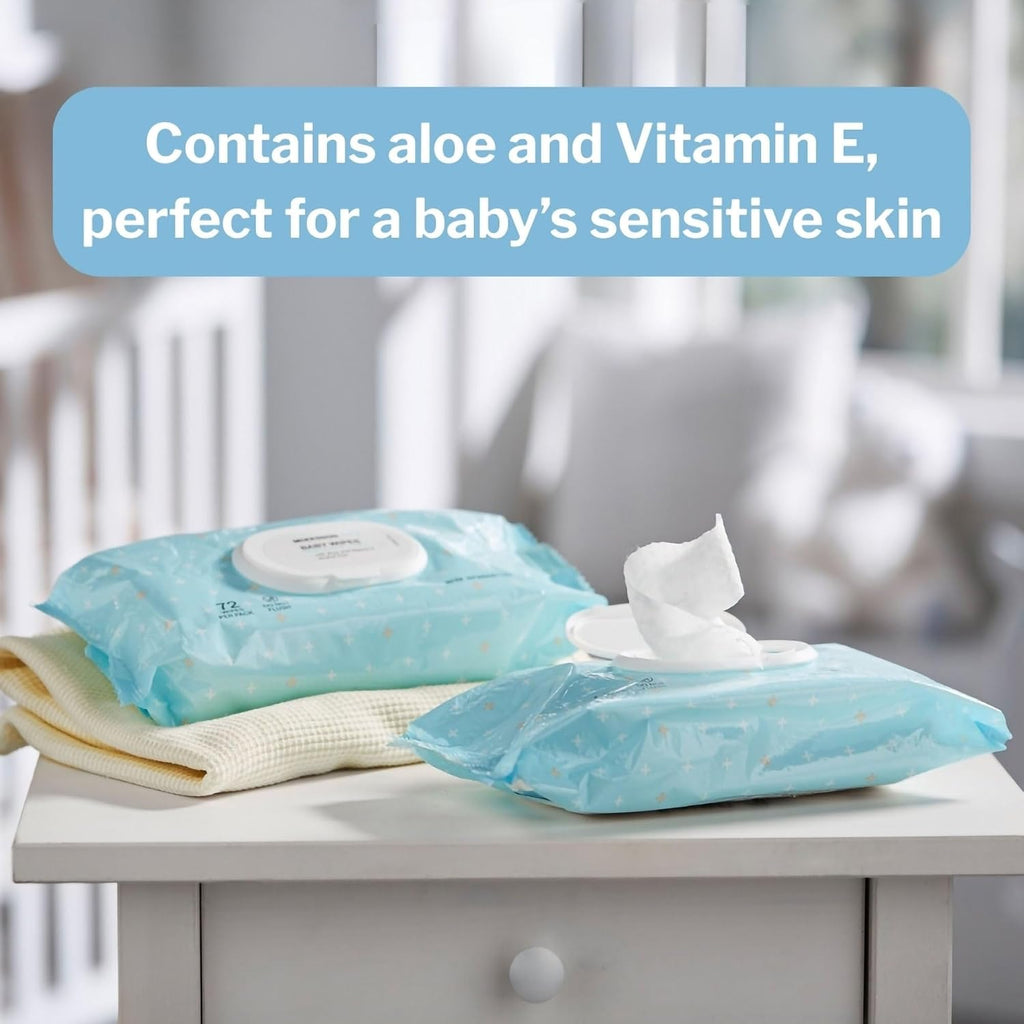 Baby Wipe with Aloe and Vitamin, 6.8 x 7 in, 72 Wipes, 72 per Pack | 99% Water, Flip-Top Lid, Alcohol-Free