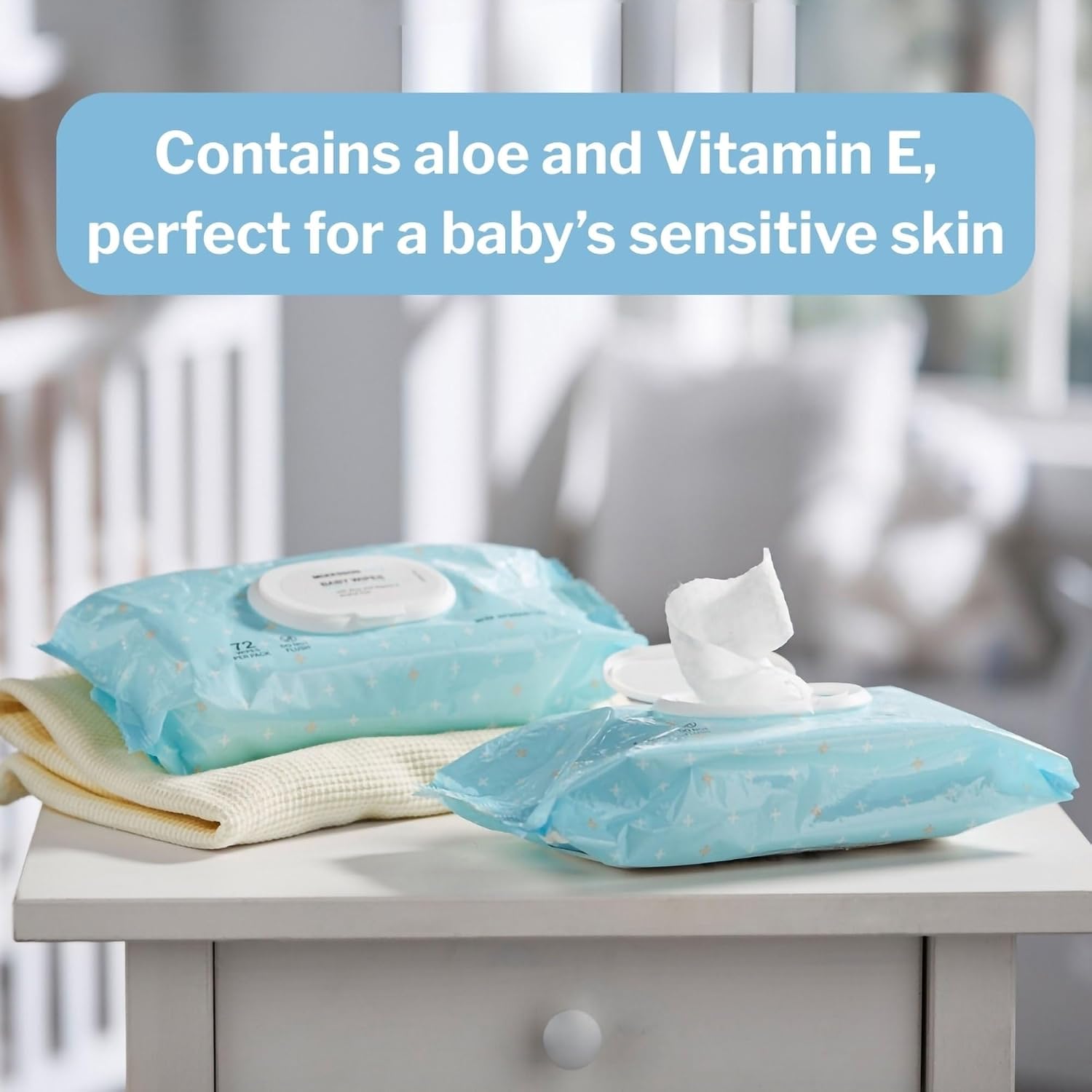 Baby Wipe with Aloe and Vitamin, 6.8 x 7 in, 72 Wipes, 72 per Pack | 99% Water, Flip-Top Lid, Alcohol-Free