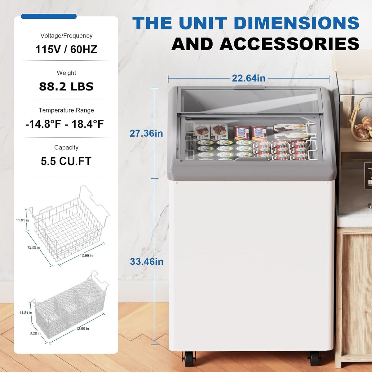 5.5 Cu.Ft Commercial Ice Cream Freezer Display Case Chest Freezer Restaurant Gelato Dipping Cabinet with 2 Large