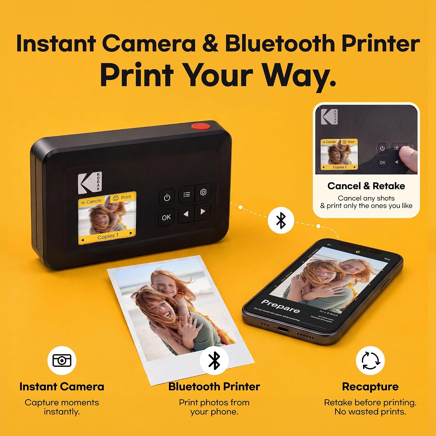 Mini Shot 2 Retro 2x3 Instant Camera, Photo Printer, 38 Sheet, White | Bluetooth, iPhone & Android Smartphone