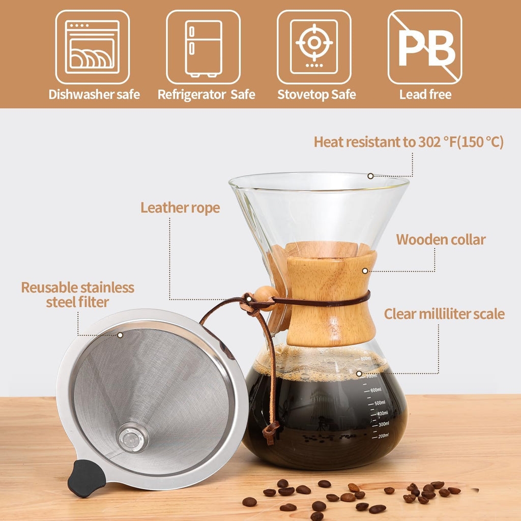 Pour Over Coffee Maker 27 OZ, 8 Cup Borosilicate Glass Drip Coffee Maker with Reusable Stainless Steel Filter and