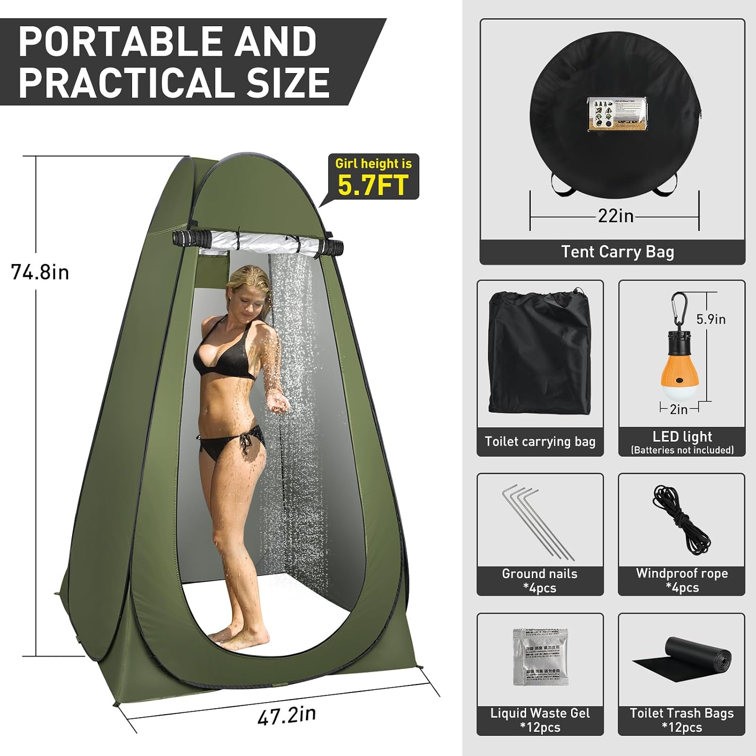 Portable Camping Toilet with Pop-Up Privacy Tent, 12-inch Toilet Seat, Outdoor Portable Folding Toilet Potty for