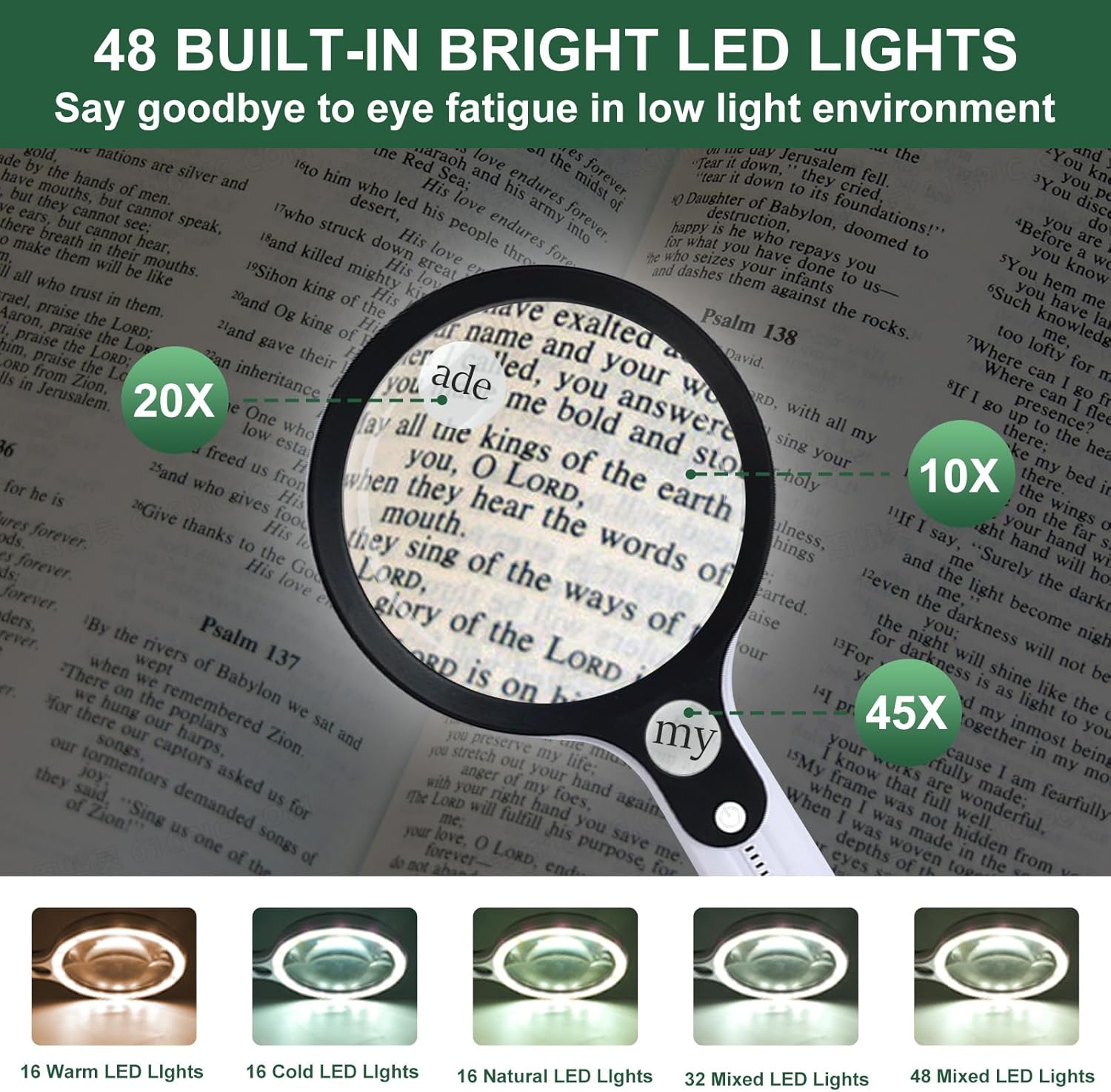 Magnifying Glass with 48 LED Light, 10X 20X 45X Handheld Illuminated Lighted Magnifier with 5 Light Modes