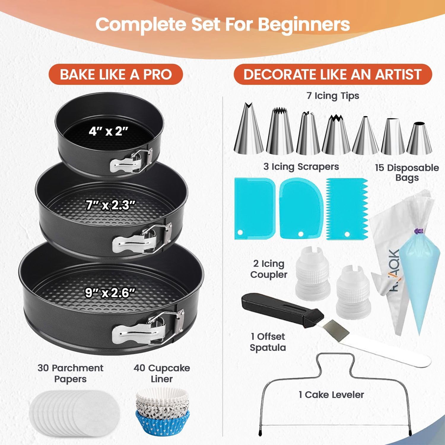 100pcs Cake Pan Sets for Baking + Cake Decorating Supplies: 3 Non-Stick Springform Pans Set (4, 7, 9 inches), Icing