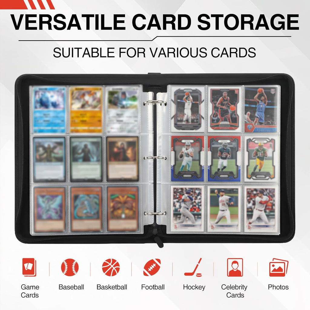 9 Pocket Trading Card Binder, 900 Cards Zip Album, Red | 50 Pcs Double Sided Sleeves, 3 Rings, Card Collection for