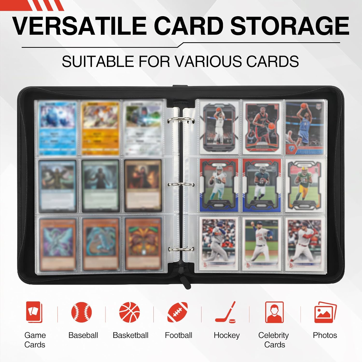 9 Pocket Trading Card Binder, 900 Cards Zip Album, Red | 50 Pcs Double Sided Sleeves, 3 Rings, Card Collection for