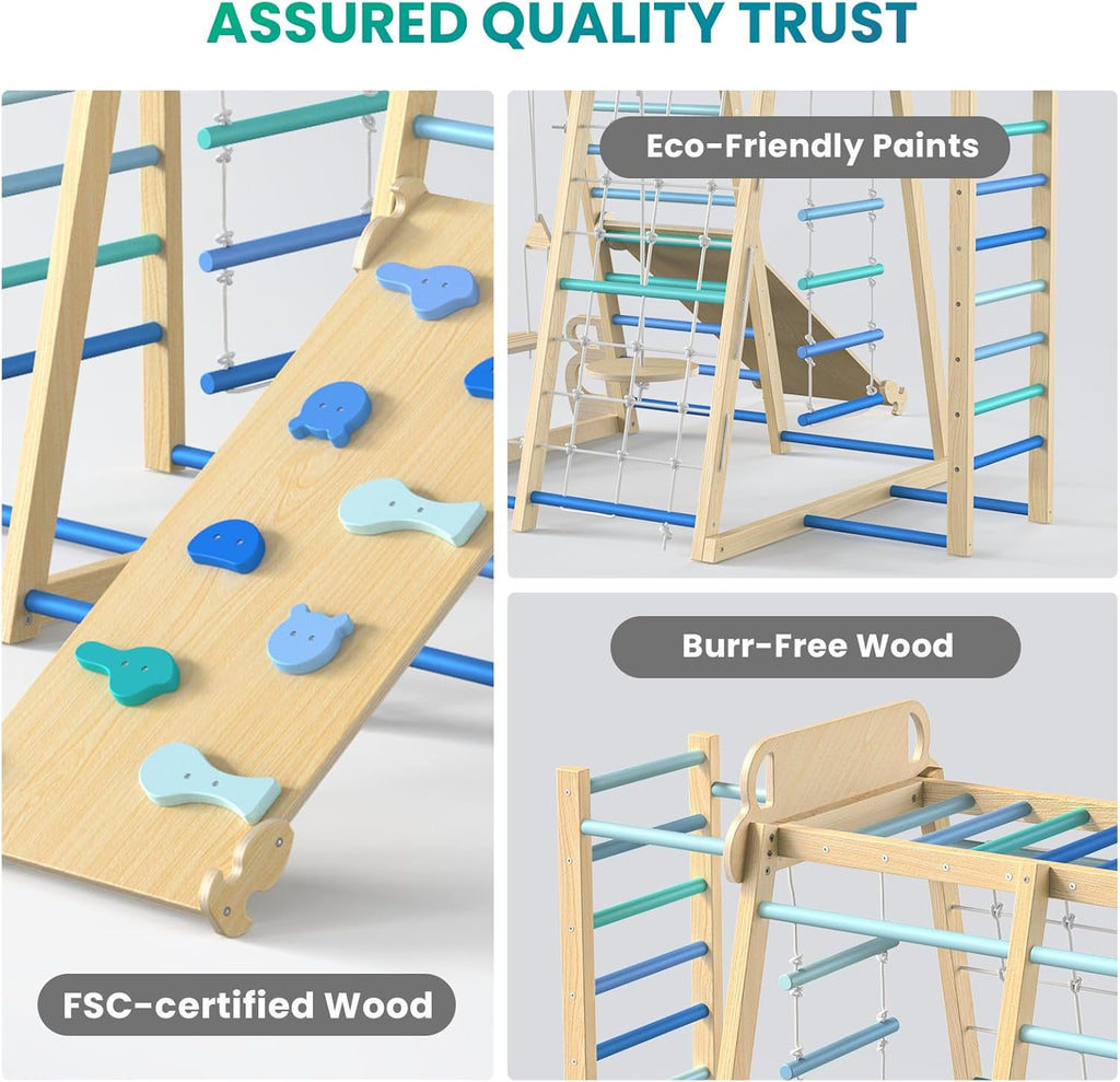 Upgraded Indoor Jungle Gym 9-in-1 Playground Kids Climbing Toys, Waldorf Style Wooden Climber Playset with Slide