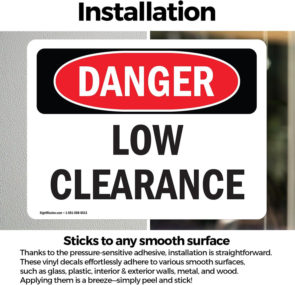 (2 Pack) Low Clearance OSHA Danger Sign 7 Inch X 5 Inch Vinyl Label Decal Sticker Weather Resistant, UV Protected for