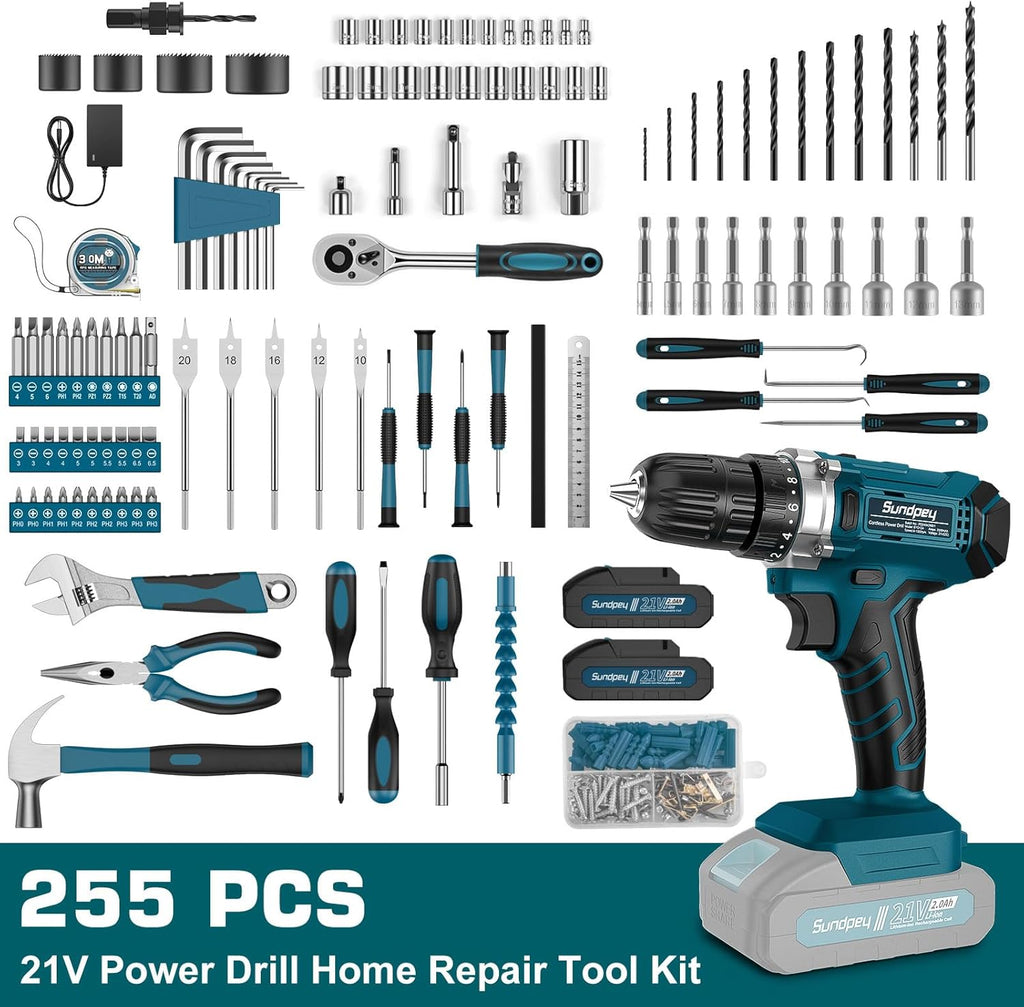 Tool Kit with 21V Cordless Drill - Sundpey 255-PCs Portable Complete General Basic Home and Auto Repair Tool Set with