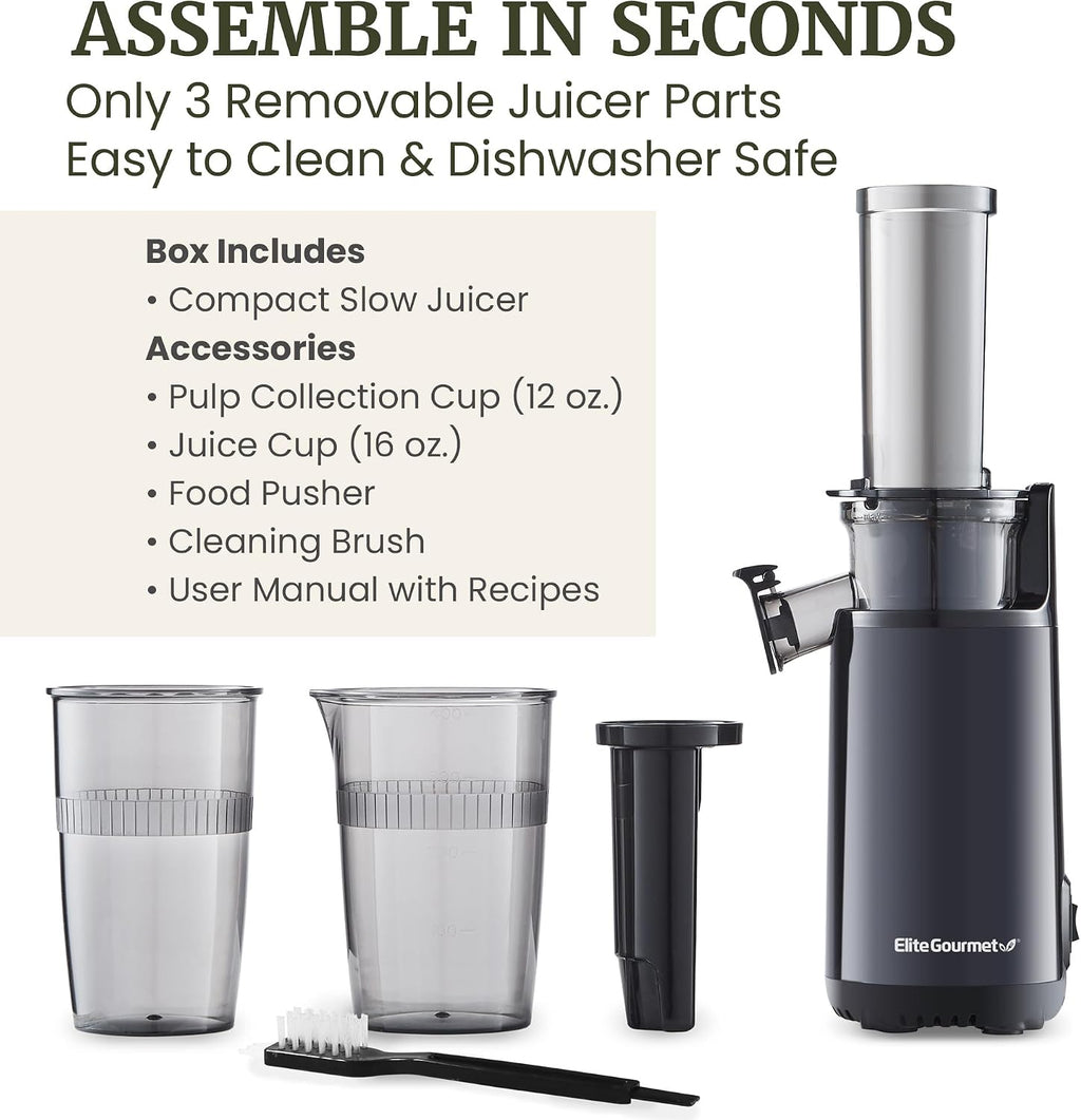 EJX600 BPA-Free Cold Press Juicer, 16 oz, Charcoal Grey | Mini space-saving masticating design retains nutrients &