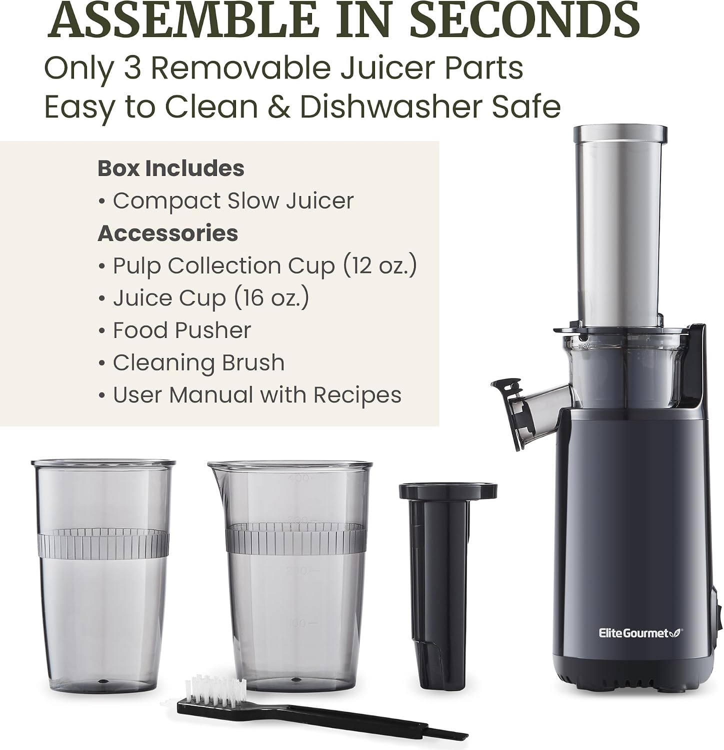 EJX600 BPA-Free Cold Press Juicer, 16 oz, Charcoal Grey | Mini space-saving masticating design retains nutrients &