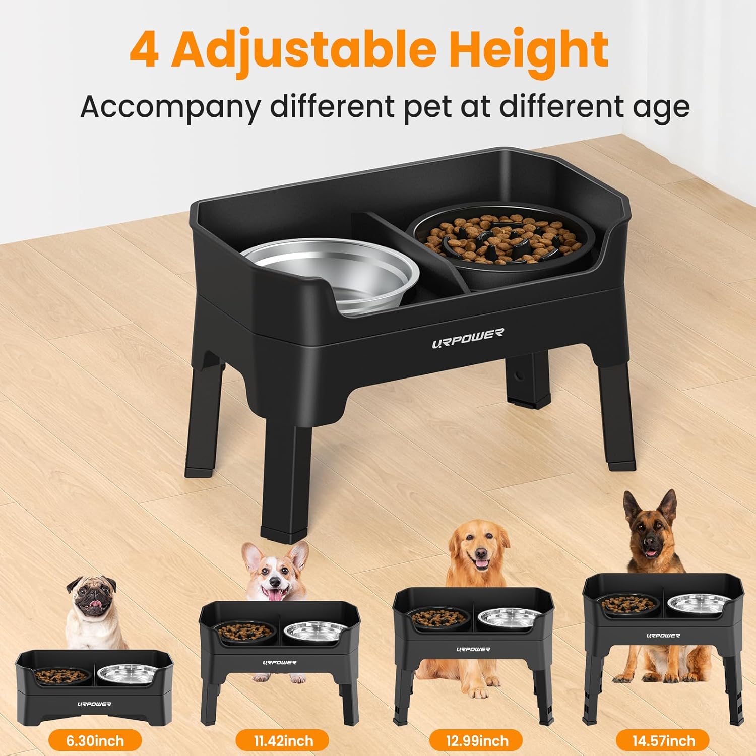 3-in-1 Elevated Dog Bowls - Mess Proof Double Deck 4 Height Adjustable Raised Stand with Stainless Steel Bowl & Slow