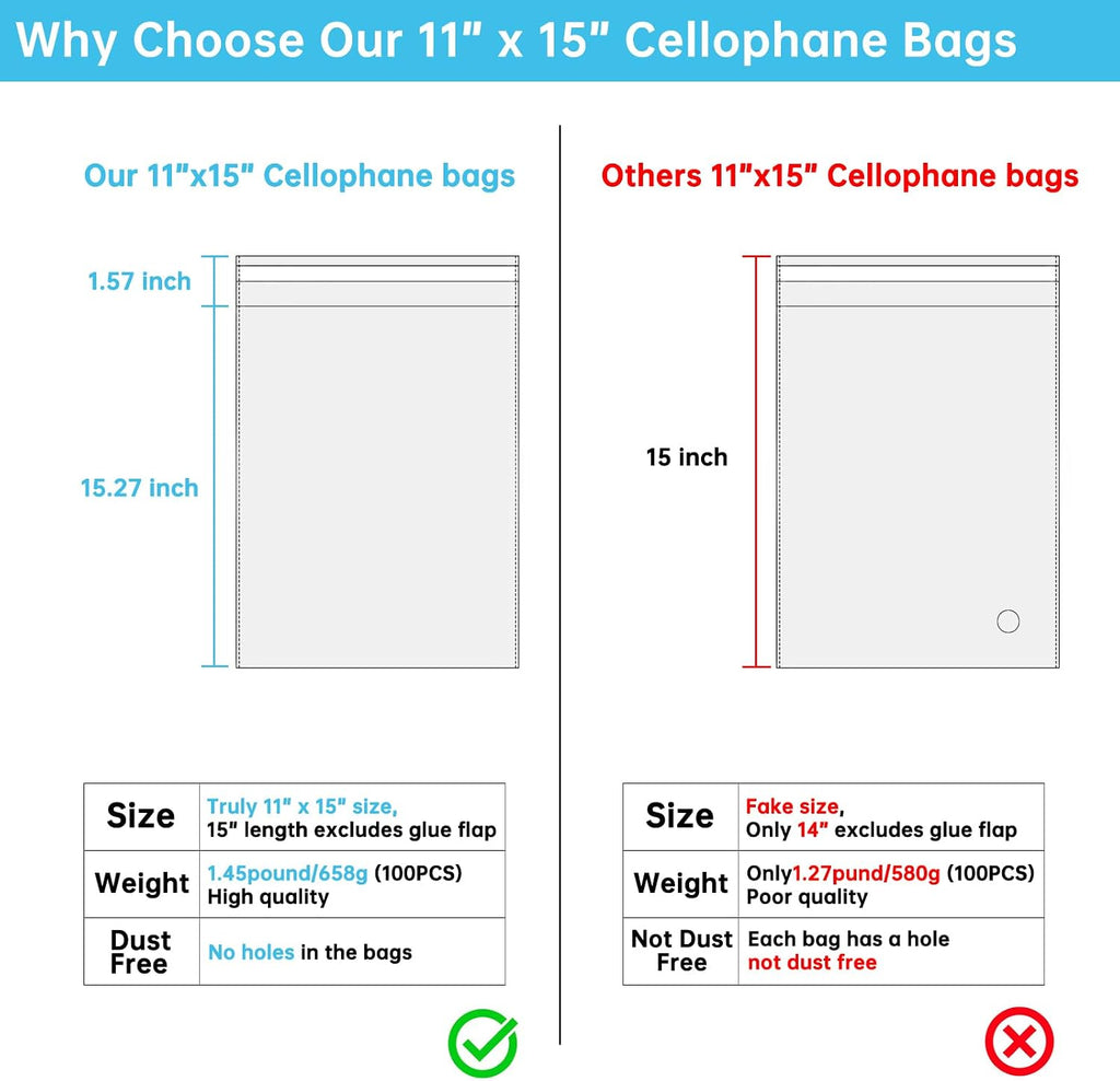 Self Sealing Cellophane Bags, Clear, 11x15 in, 100 Pcs