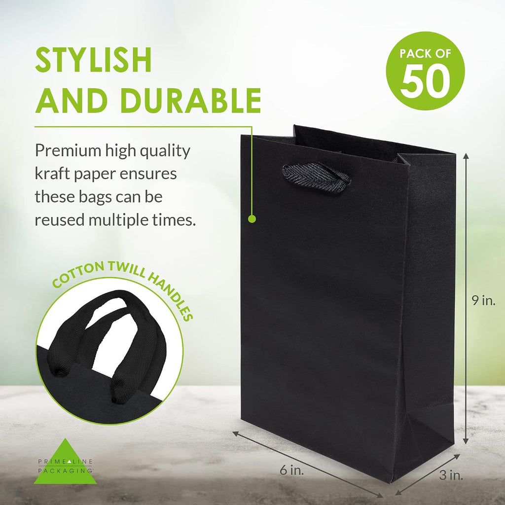 Black Paper Gift Bags, 6x3x9 Retail Bags, 50 Pack