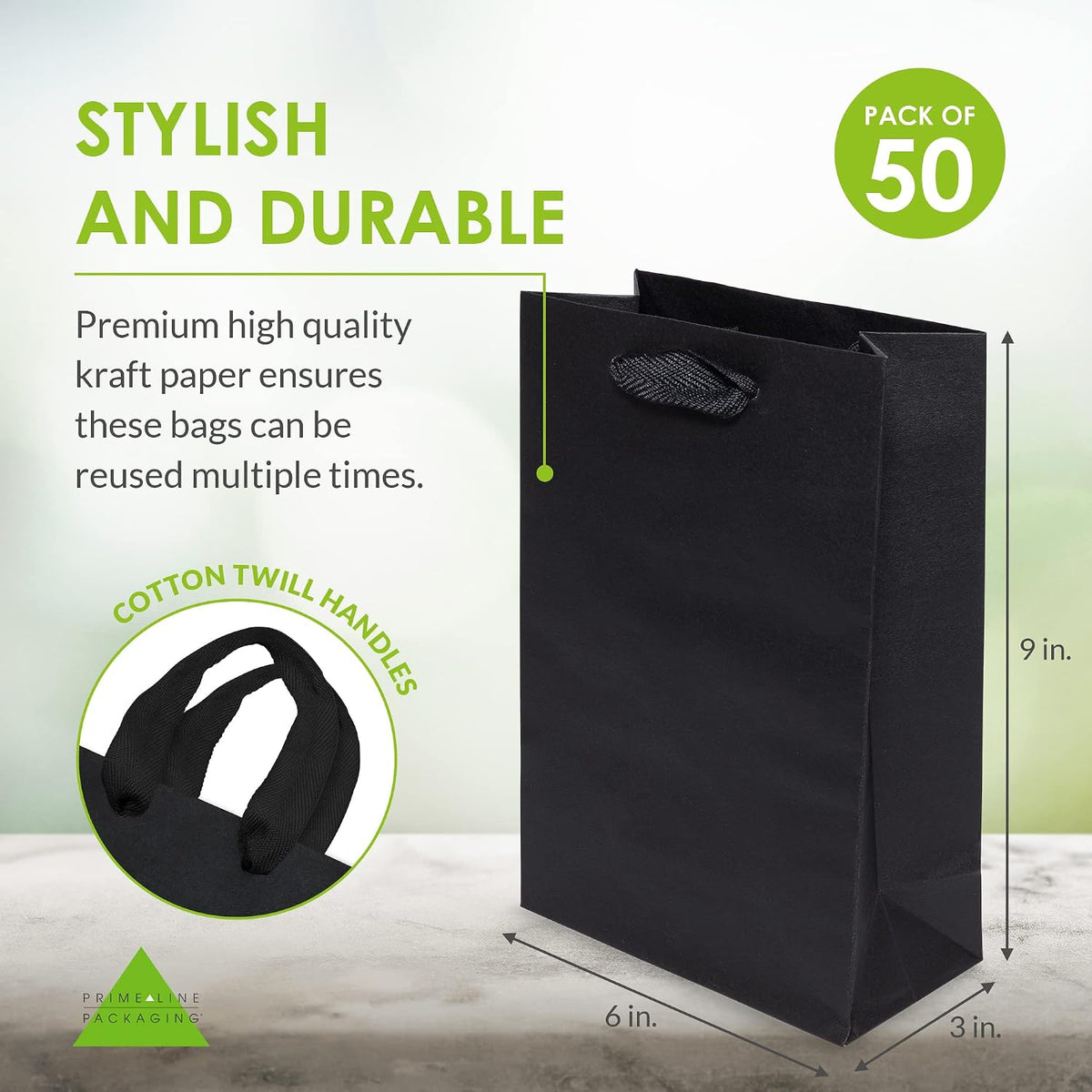 Black Paper Gift Bags, 6x3x9 Retail Bags, 50 Pack