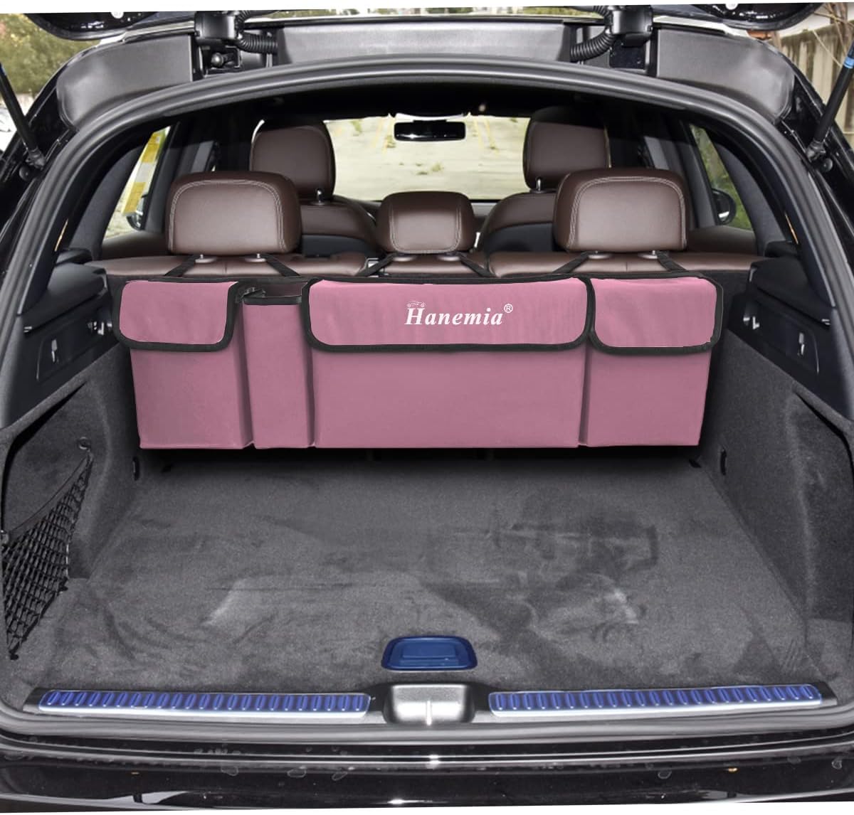 Car Trunk Organizer, Backseat Hanging Storage with 4 Large Pockets, Collapsible Cargo Bag with Adjustable Straps