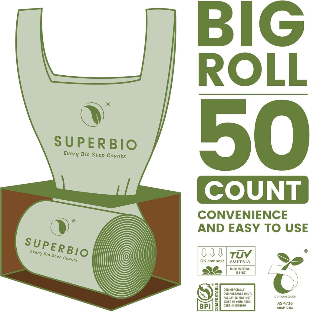 1.6 Gallon Handle Tie Compostable Food Scrap Bags For Counter Top Compost Bin, Small Compost Bags, 50 Count, 6 Liter