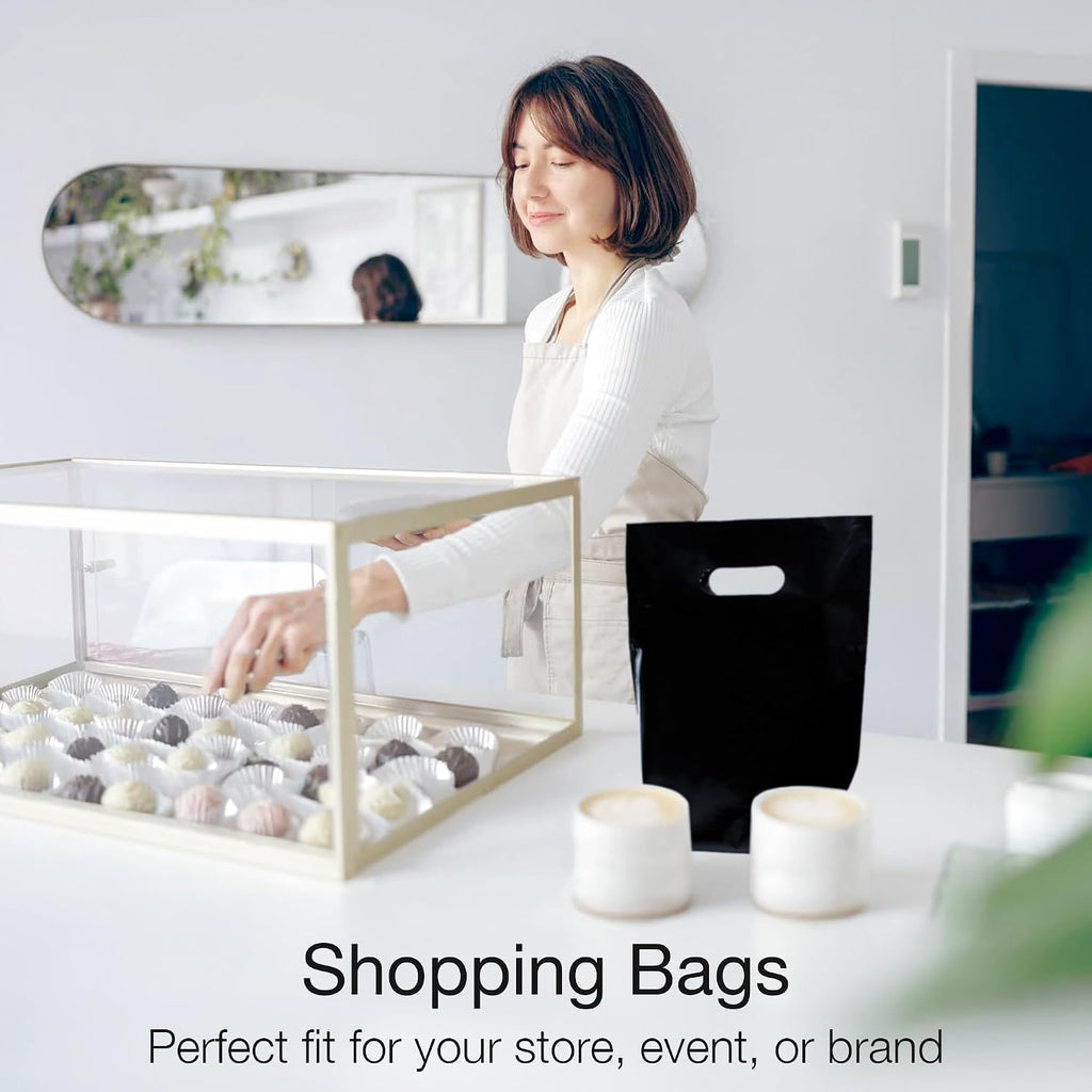 100 Black Plastic Bags With Handles 9x12 Merchandise Bags