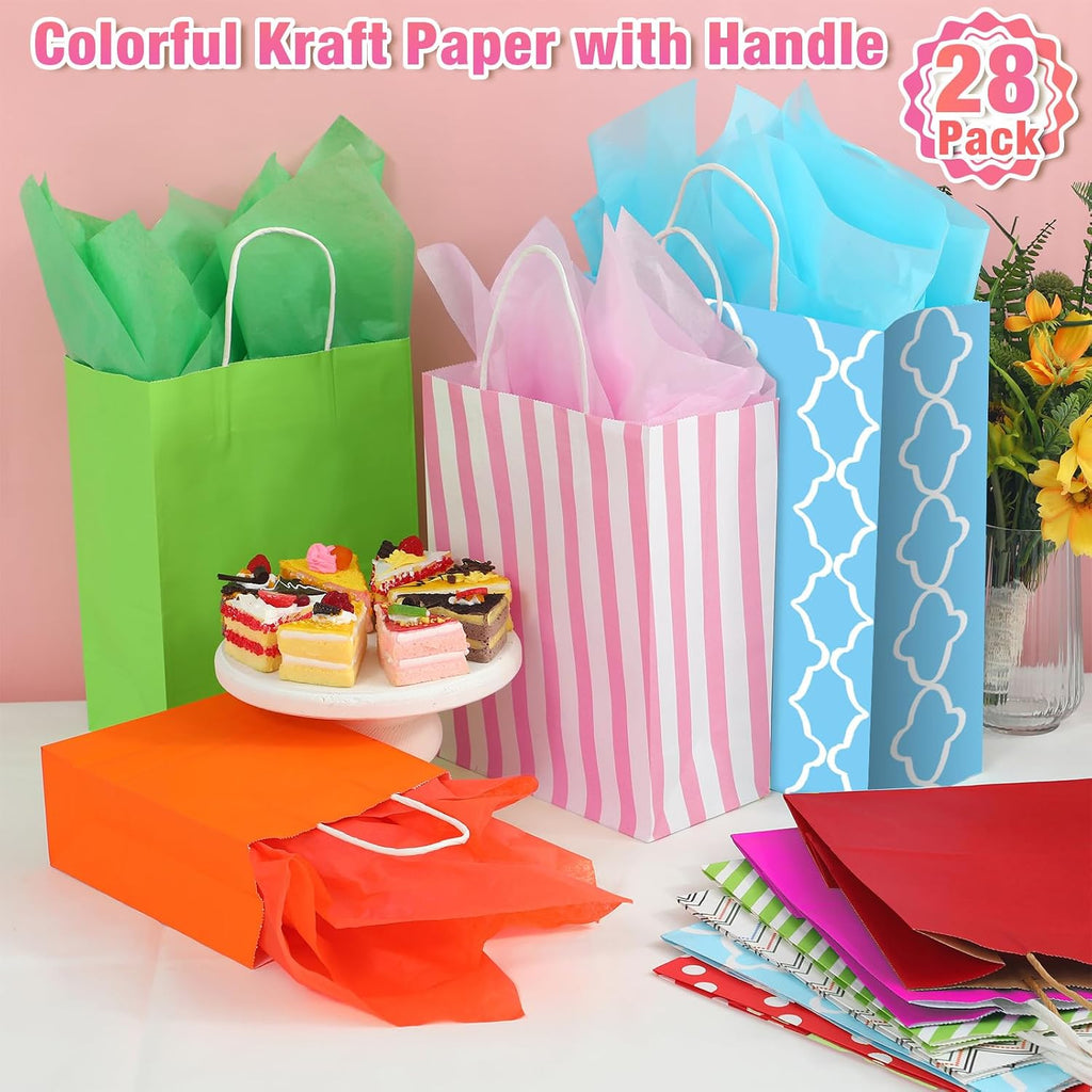 28 Pcs Christmas Assorted Sizes Gift Bags with 56 Tissues, Stripes