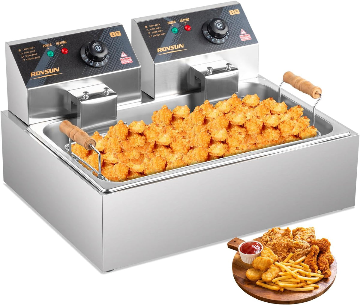 23.8Qt Commercial Deep Fryer Countertop, Electric Deep Fryer with Basket, Lid & Adjustable Temp, Stainless Steel