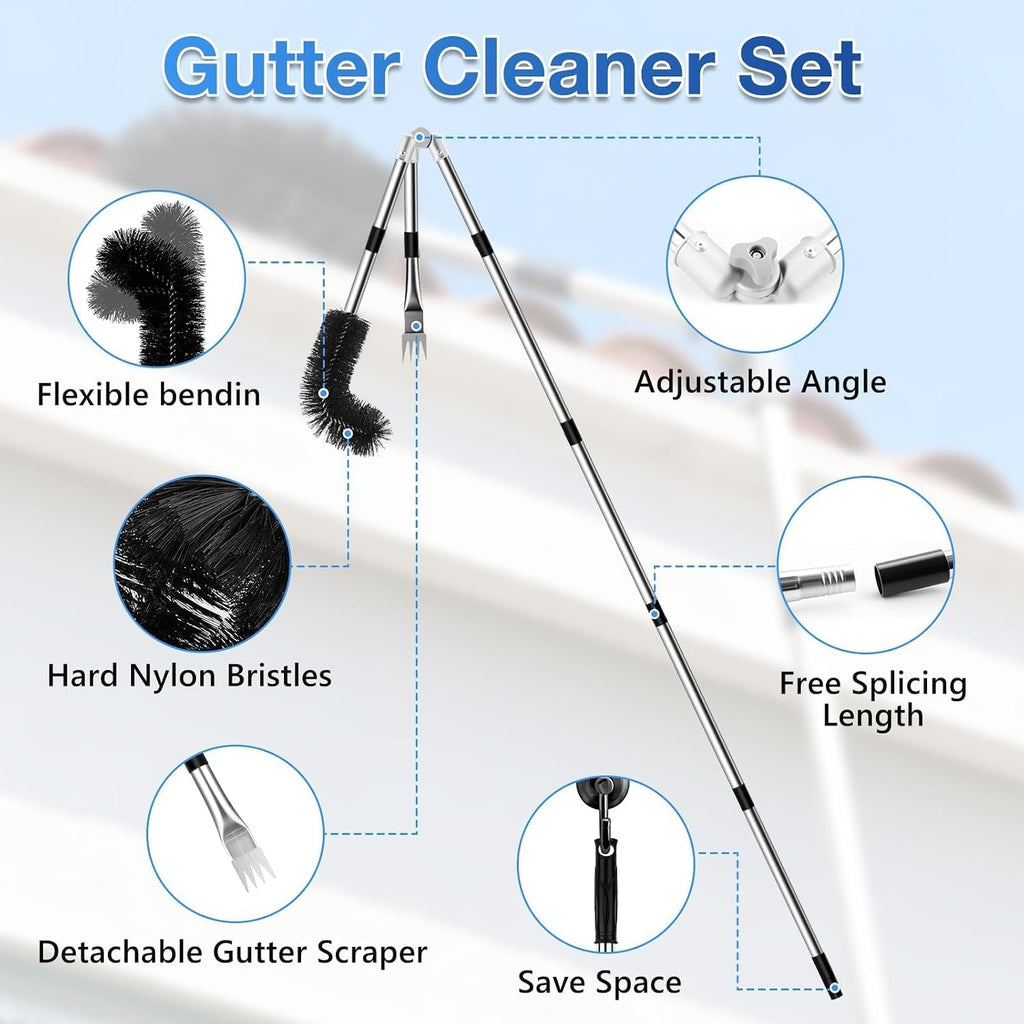 13.12FT Adjustable Gutter Cleaning Tool with Replaceable Brush Rake Scoop