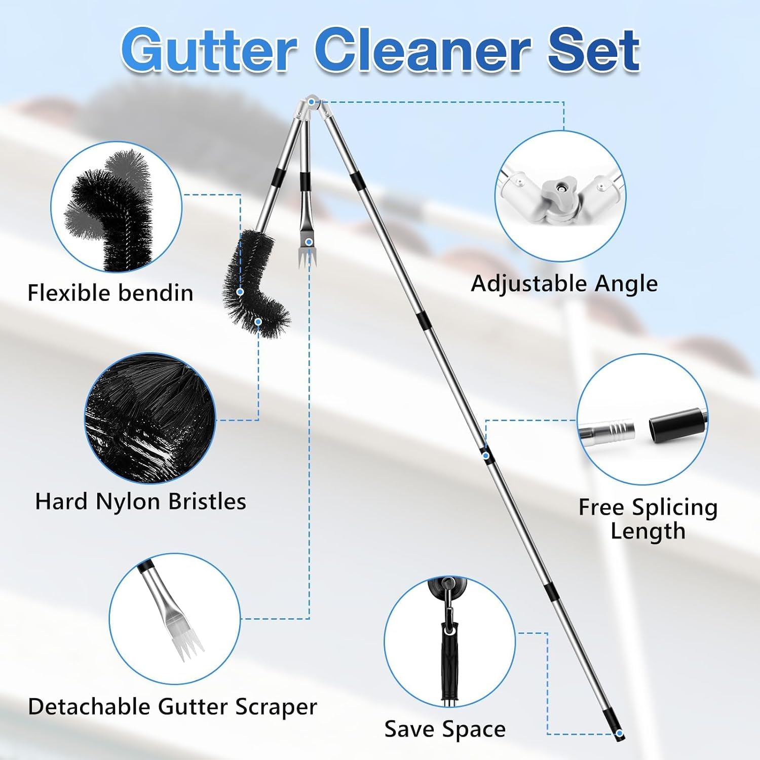 13.12FT Adjustable Gutter Cleaning Tool with Replaceable Brush Rake Scoop