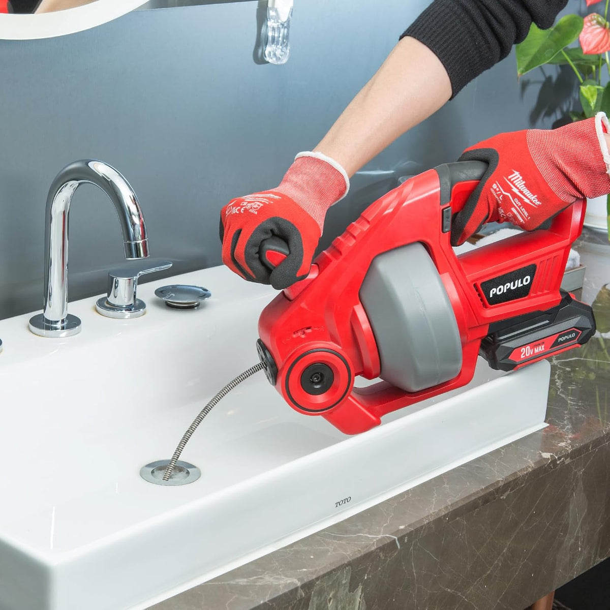 20V Cordless Electric Drain Auger-Efficient 25Ft Auto-Feed Drain Snake with Replaceable Cable,2.0Ah