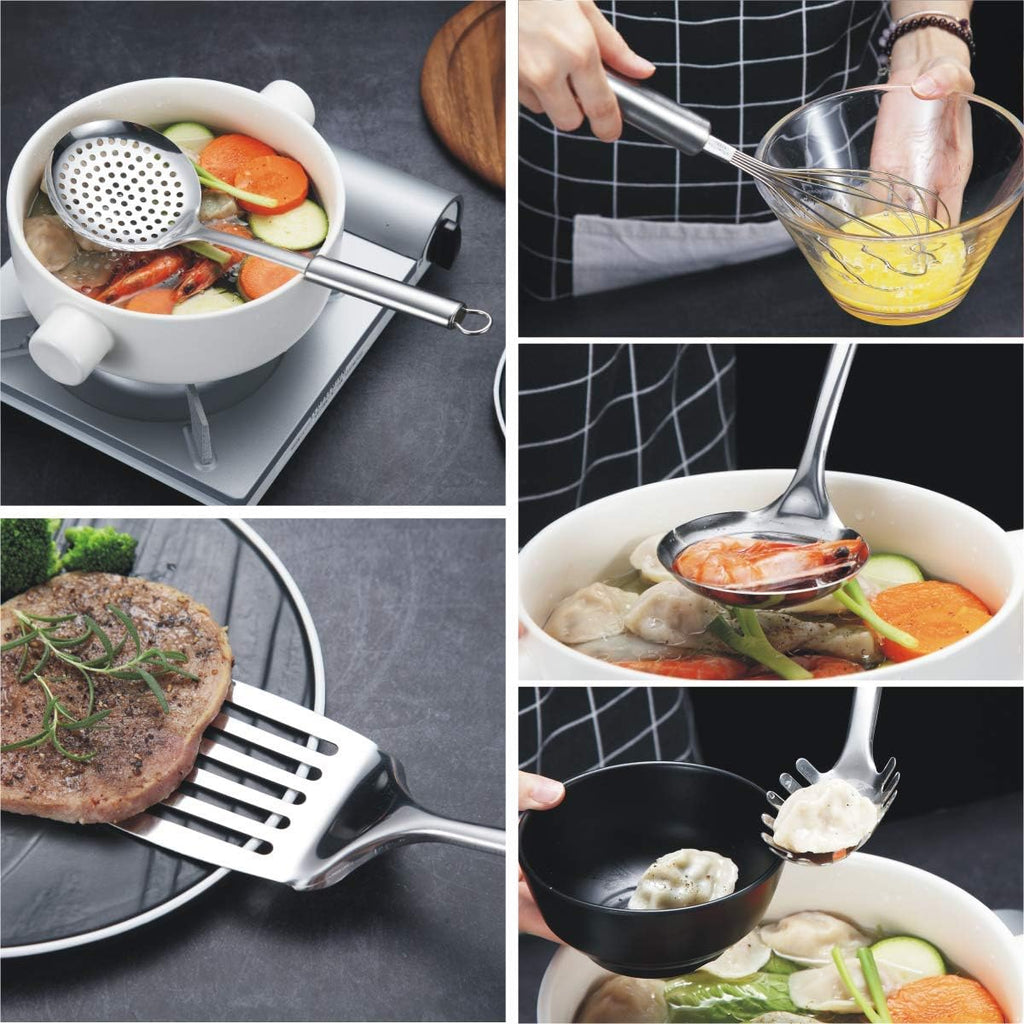 Cooking Utensil Set 8 Piece, Stainless Steel Kitchen Tool Set with Stand,Cooking Utensils, Slotted Tuner, Ladle