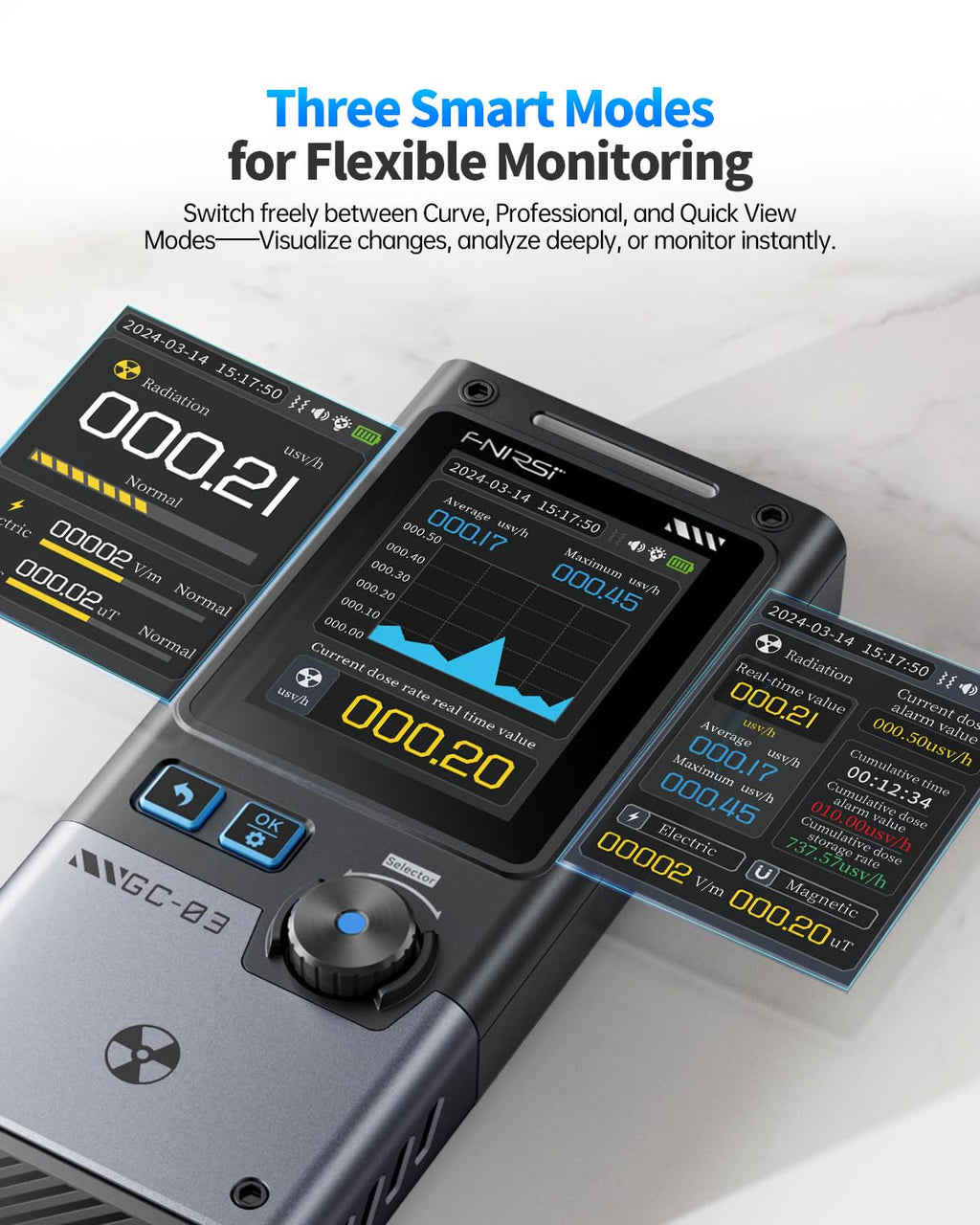 GC-03 3-in-1 Geiger Counter Nuclear Electromagnetic Detector | 3 Display Modes, Real-Time Radiation Monitor