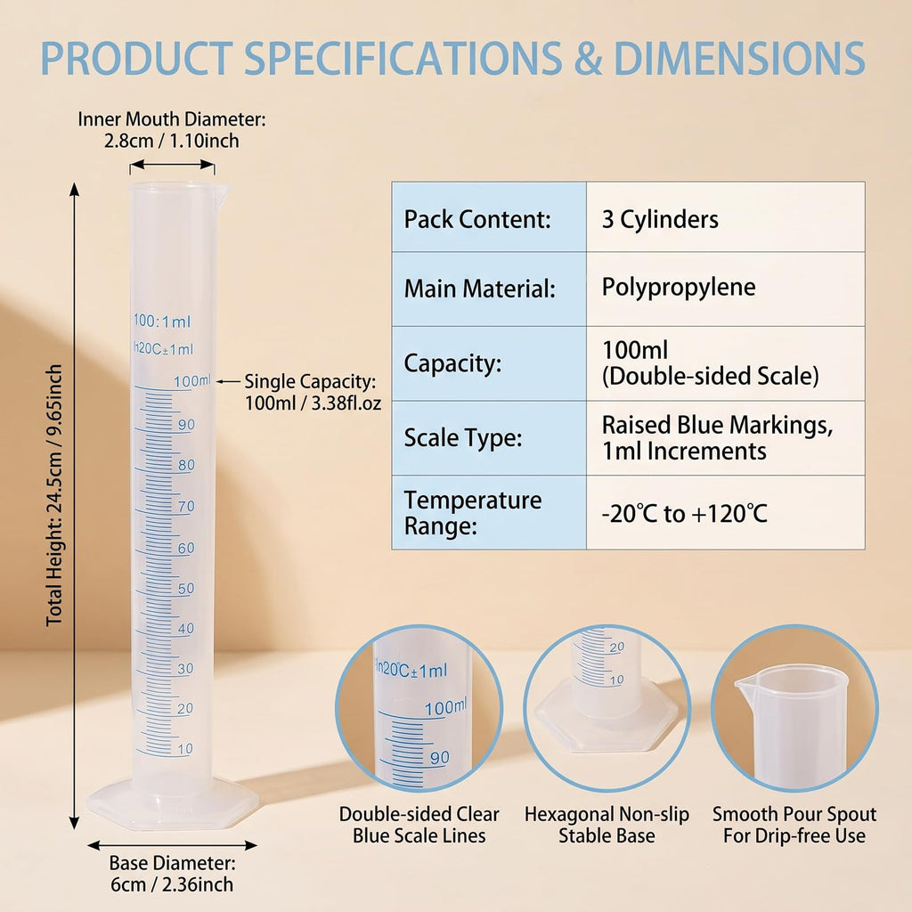 ECHO-OVE 3 Pcs Plastic Graduated Cylinders, 2-Sided Measuring Lines，100ml