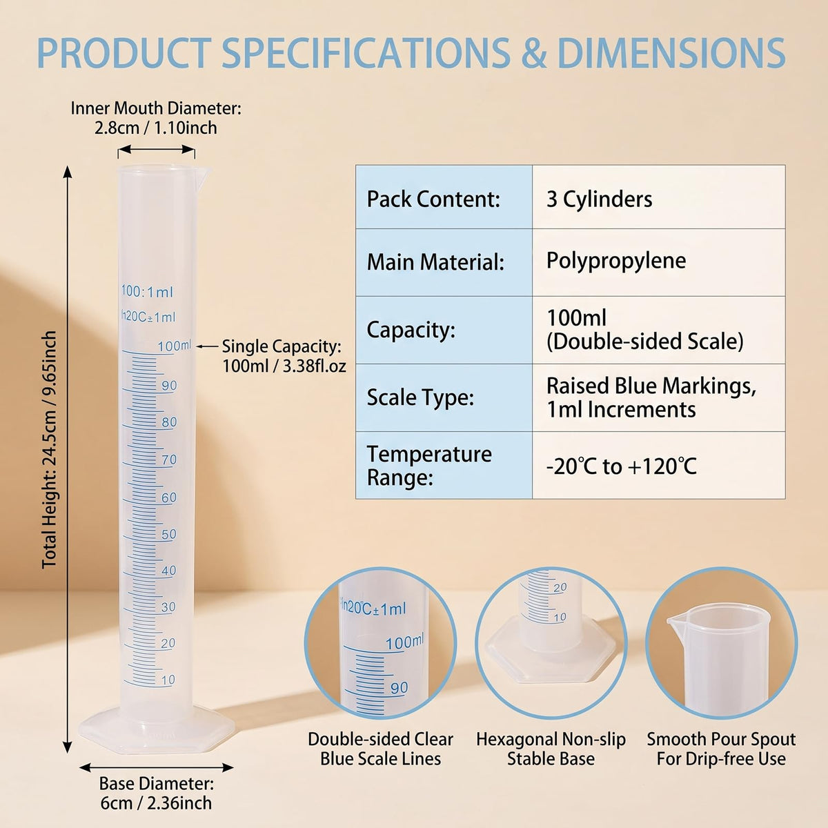 ECHO-OVE 3 Pcs Plastic Graduated Cylinders, 2-Sided Measuring Lines，100ml