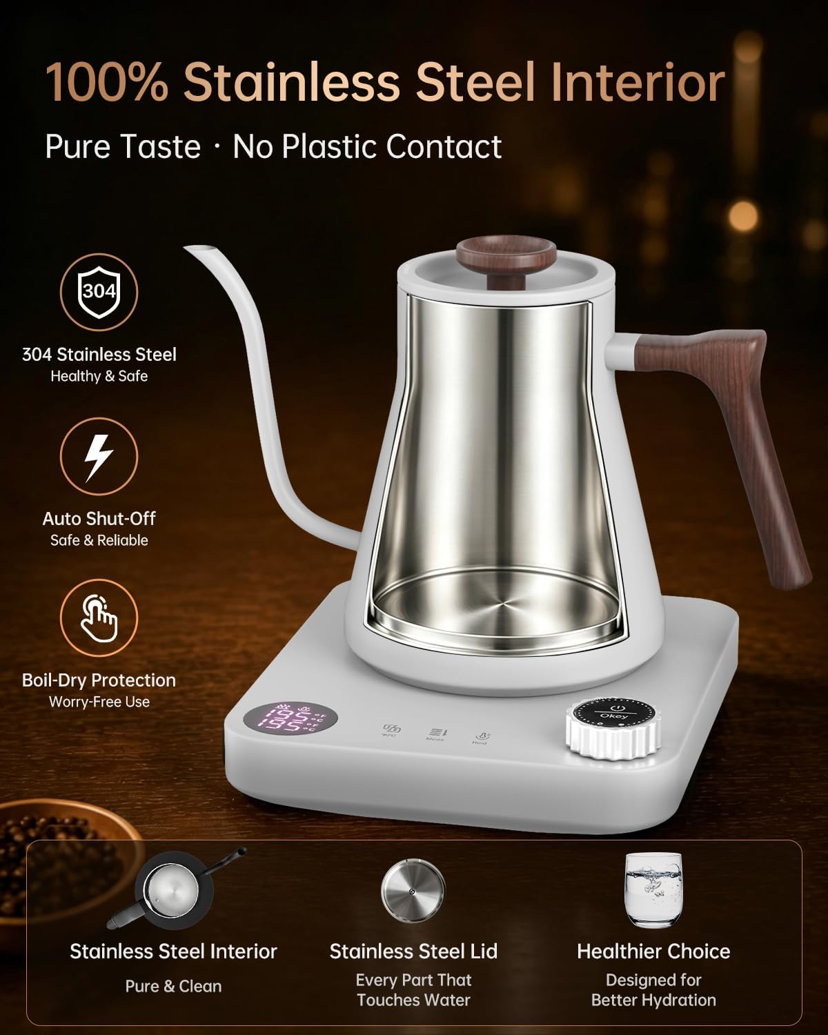 Gooseneck Electric Kettle with Temperature Control, 0.9L, White Wood | ±1°F Precision Pour Over Kettle, LCD Dual