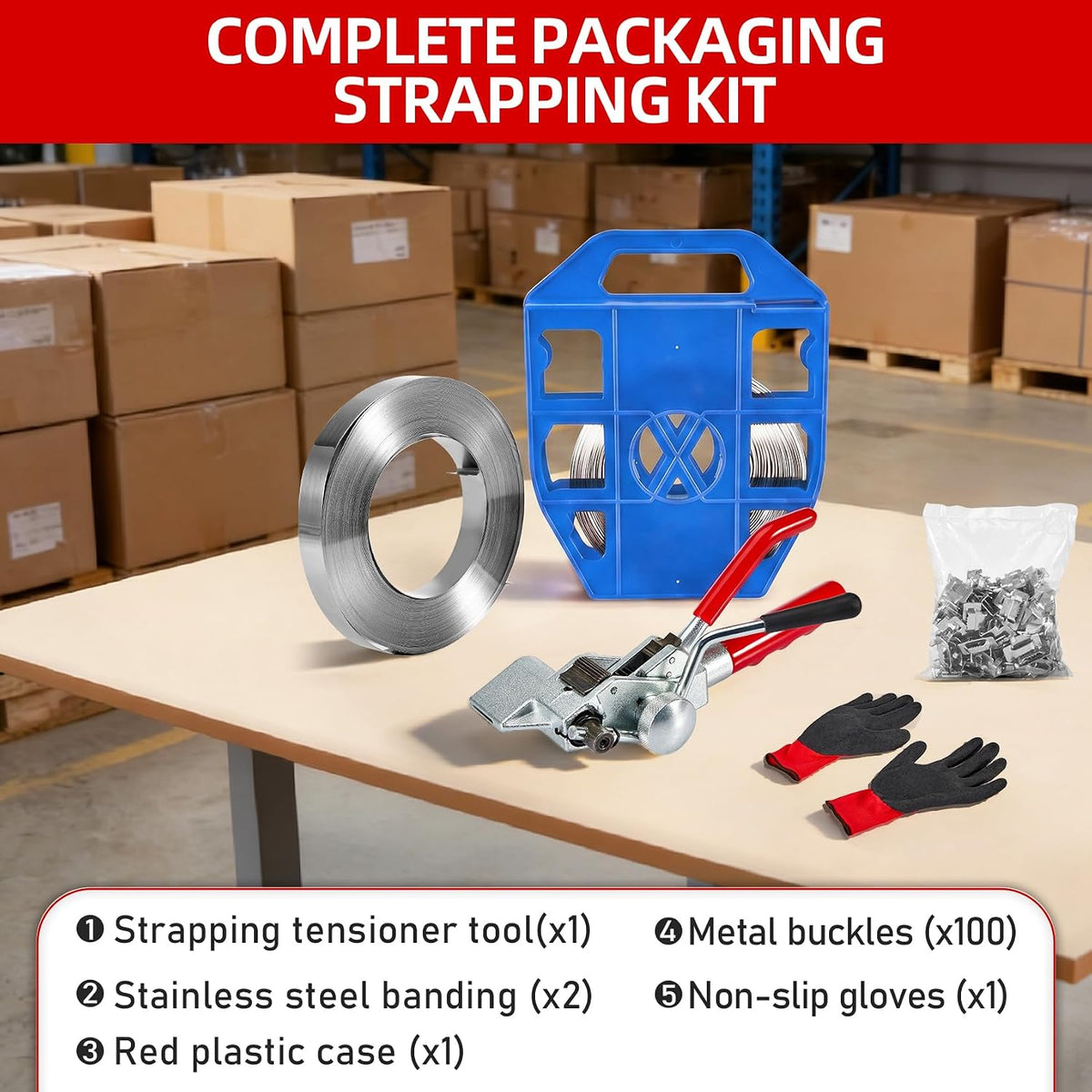 Banding Strapping Kit with Tensioner Tool - 3/4" x 200FT 304 Stainless Steel Binding Straps with Plastic Case ＆100