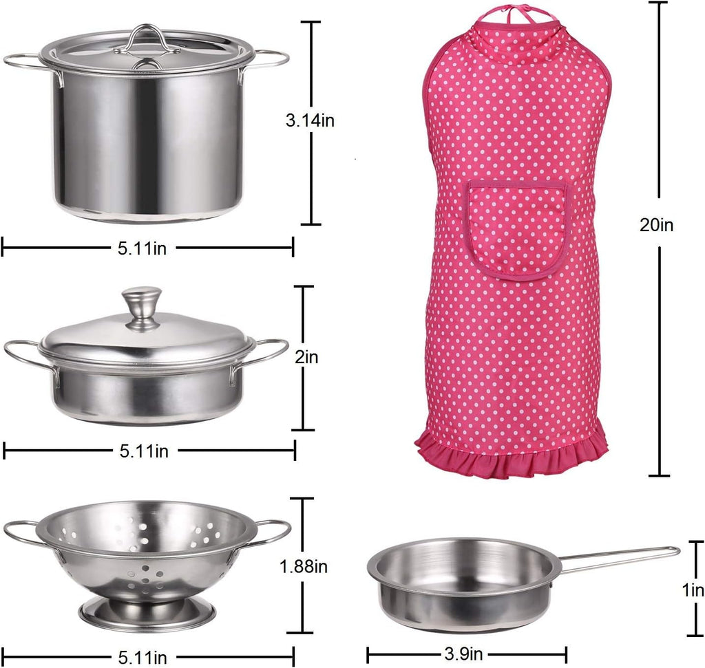 Kitchen Pretend Play Toys with Stainless Steel Cookware Pots and Pans Set, Cooking Utensils, Apron & Chef Hat