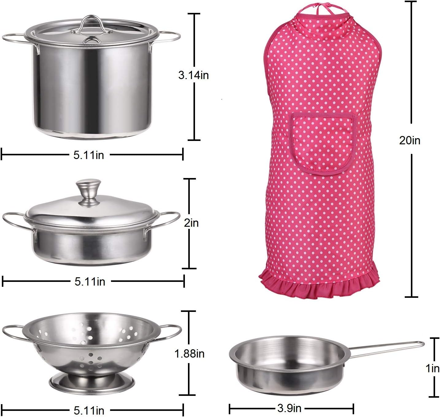 Kitchen Pretend Play Toys with Stainless Steel Cookware Pots and Pans Set, Cooking Utensils, Apron & Chef Hat