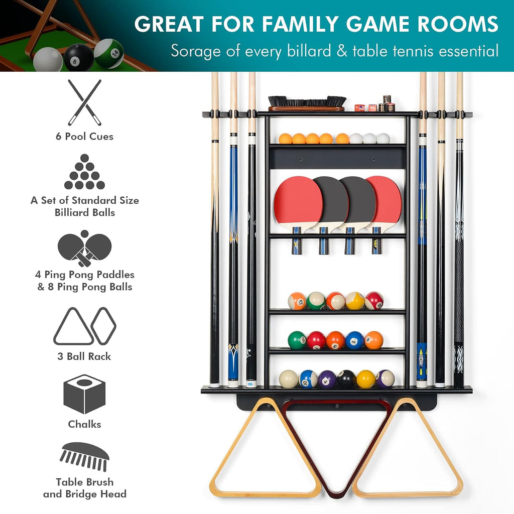 Pool Cue Rack Wall Mount, Billiard & Ping Pong Paddle Storage Organizer | 2-in-1 Game Room Organizer Holds 6 Pool