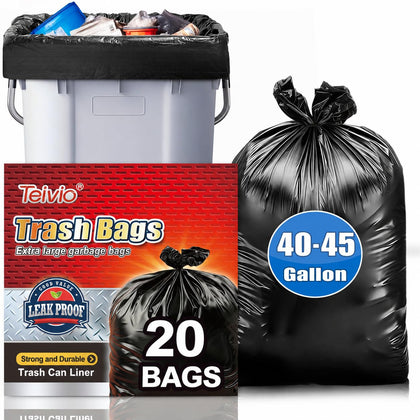 Large Black Trash Bags 40-45 Gallon 20 Count 40+ Gal Garbage Bags