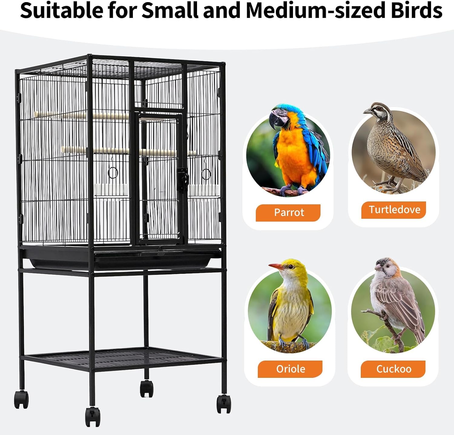 Spacious Flight Bird Cage with Rolling Stand & Storage Shelf - Durable Wrought Iron Parrot Home w/Play Top & Bowls